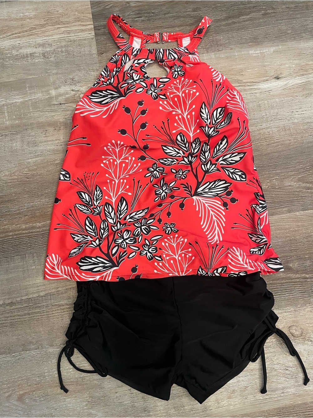 Coral Floral Halter Tankini Top with Black Swim Shorts